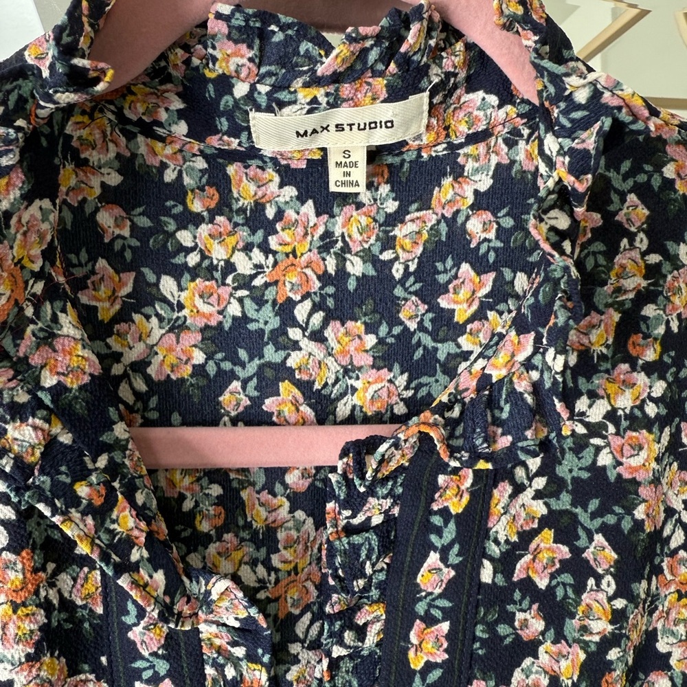 Max Studio Navy Floral Ruffle Maxi Dress | Size Small | Boho Cottagecore - Picture 3 of 8